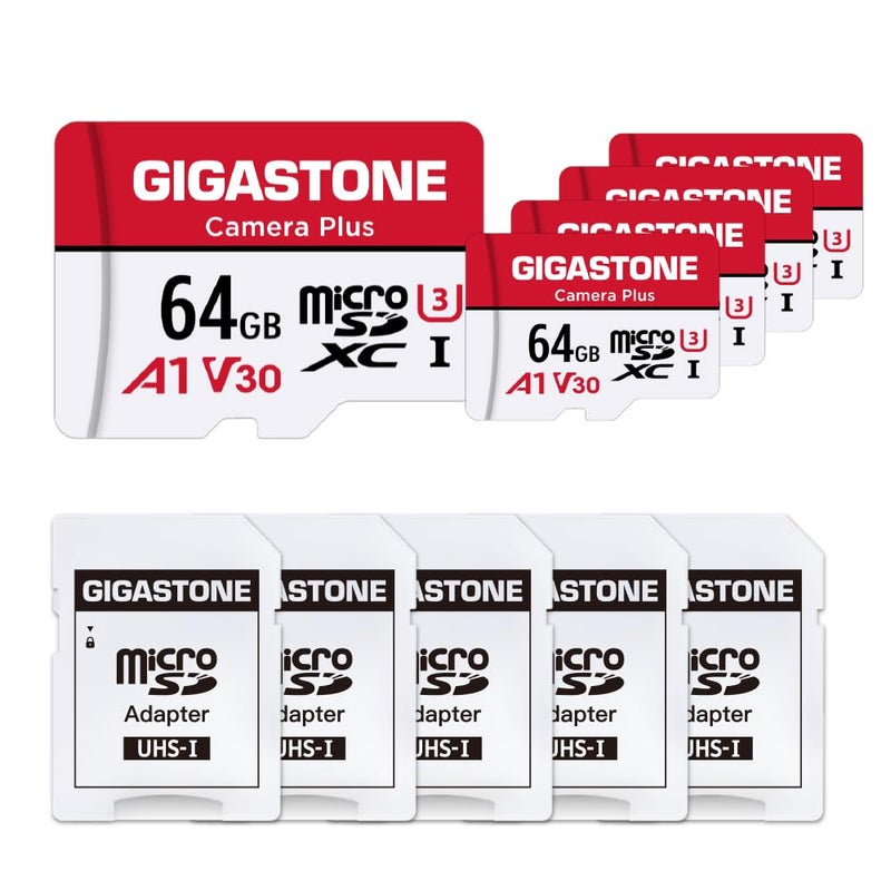 Gigastone بطاقة micro SD سعة 64 جيجابايت من GIGASTONE - عبوة 5 قطع، كاميرا بلس، بطاقة ذاكرة MicroSDXC لكاميرا Wyze، كاميرا أمنية، هاتف ذكي، جهاز Fire Tablet، تسجيل فيديو بدقة 4K، UHS-I U3 A1 V30، 95 ميجابايت/ثانية، مع محول - Image 1